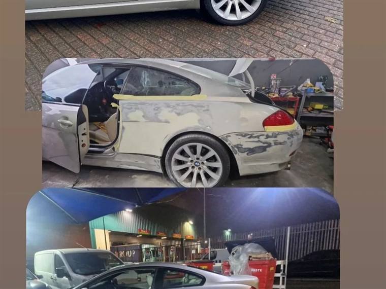 The N17 Bodyworks workshop with a coupe masked up for paintwork